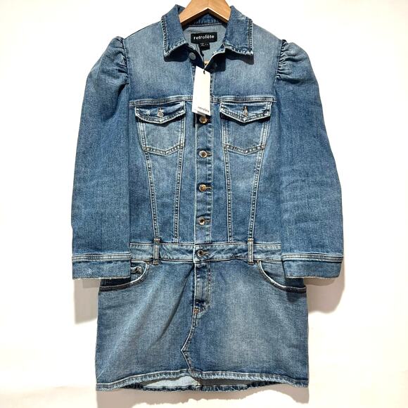 Retrofete Sibi Puff-Sleeve Denim Mini Dress Size L NWT - Picture 5 of 13
